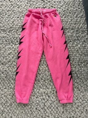 Aviator Nation Pink Sweatpants with Black Lightning Stripes